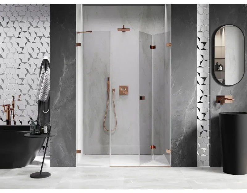 Mexen Lunar-F, pravé sklápacie sprchové dvere 135 cm, 8mm číre sklo, ružové zlato profil, 836S-135-050-60-00-P