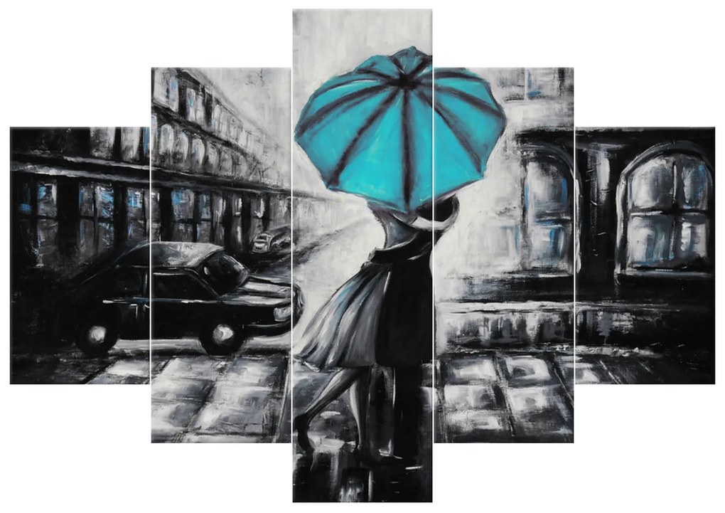 Gario Ručne maľovaný obraz Tyrkysový bozk v daždi - 5 dielny Rozmery: 150 x 70 cm