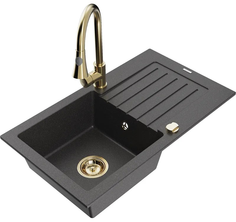 Mexen Pablo, 1-komorový granitový drez 752x436x161 mm a drezová batéria Elia, čierna škvrnitá, 6510-76-670101-50