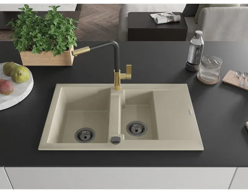 Mexen Gaspar, 1,5-komorový granitový drez 737x475x177 mm a drezová batéria Flora, béžová, 6507-69-670401-57-B