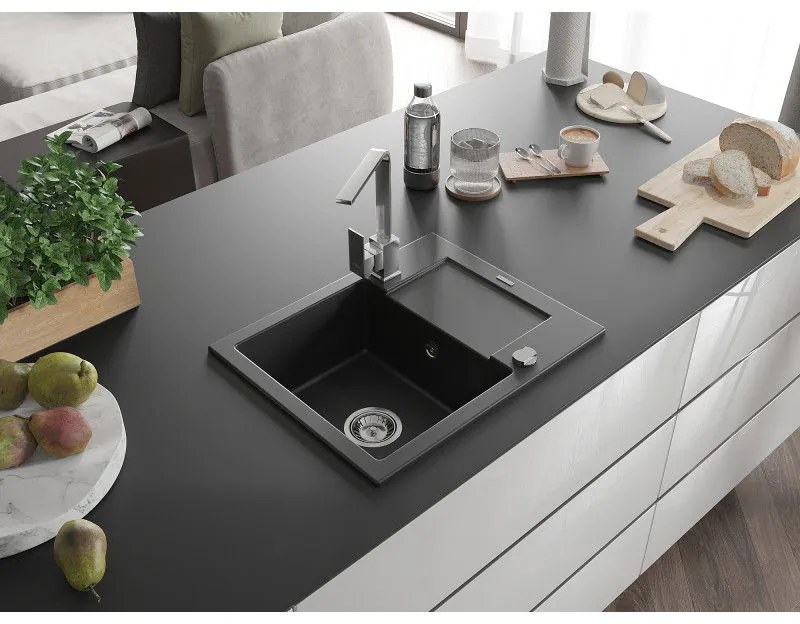 Mexen Enzo, granitový drez 576x465x174 mm, 1-komorový, chrómová batéria Rita, čierna, 6506-77-670300-00