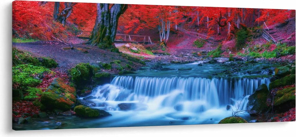 Obraz vodopádu v červenom lese (120x50 cm)