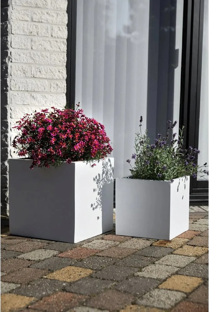 Samozavlažovací kvetináč BLOCK, sklolaminát, 40x40x40 cm, biely mat