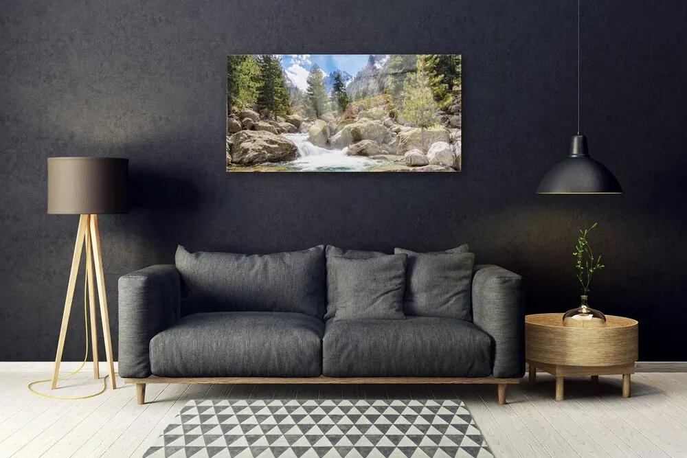 Skleneny obraz Hora les kamene rieka 125x50 cm