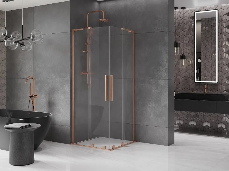 Mexen Velar L Duo, sprchový kút s posuvnými dverami 80 x 80 cm, 8mm číre sklo, medená matná, 871-080-080-02-03-65