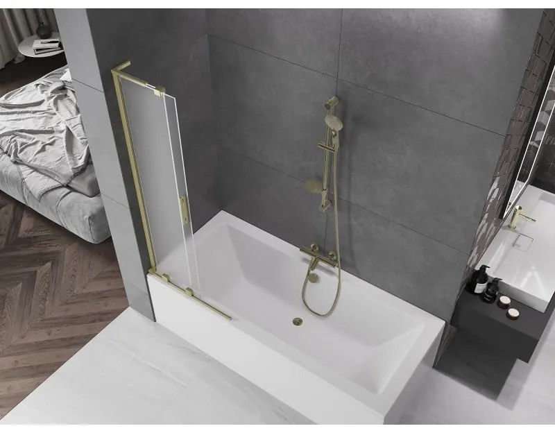 Mexen Velar L, 2-krídlová posuvná vaňová zástena 85 x 150 cm, 8mm sklo námraza, zlatá matná, 896-085-003-31-55