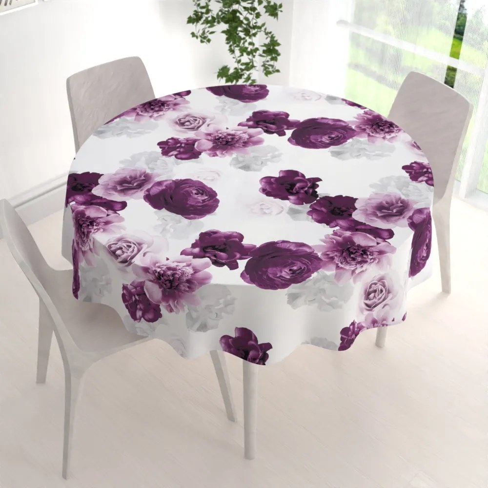 Biante Dekoračný okrúhly obrus PM-029 Veľké fialové kvety Ø 120 cm