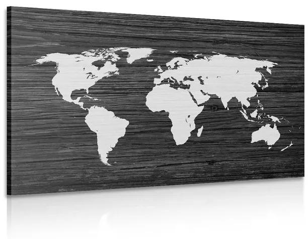 Obraz mapa sveta na dreve v čiernobielom prevedení - 60x40