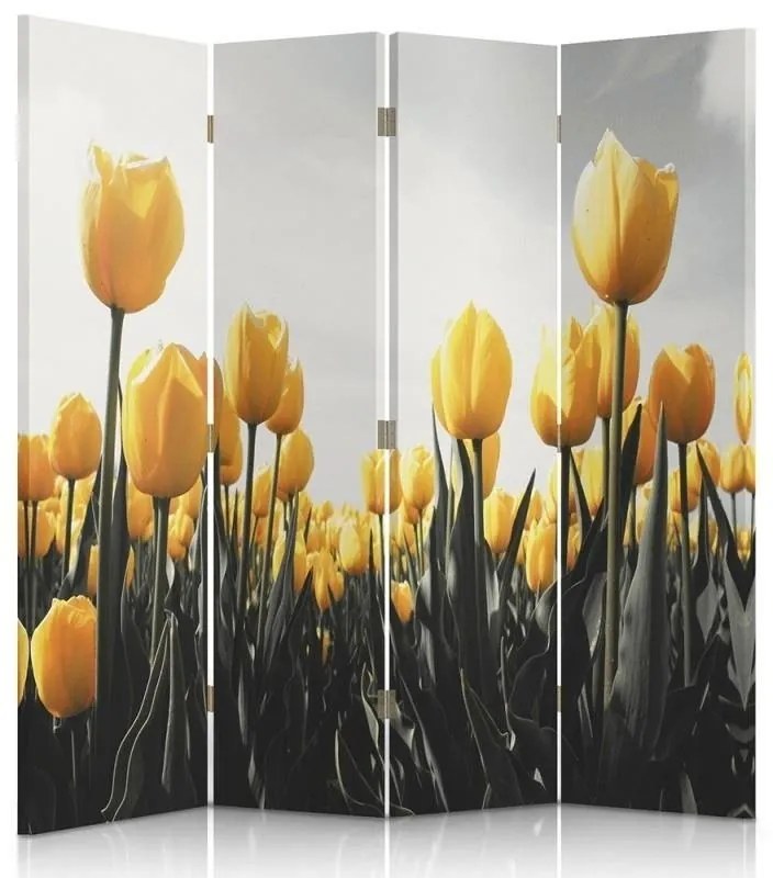 Ozdobný paraván Tulipány žluté - 145x170 cm, štvordielny, klasický paraván