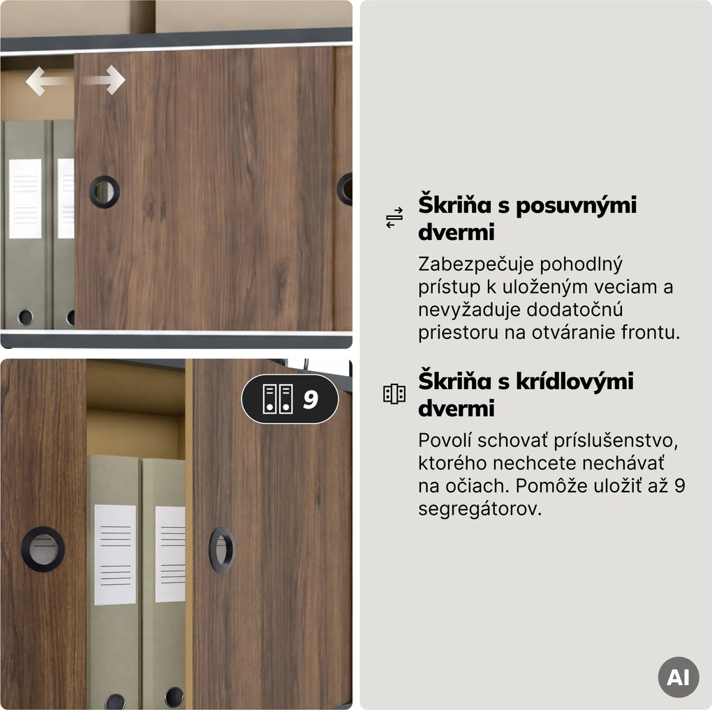 Regál na šanóny s uzamykateľnou skrinkou, kancelársky, otvorené police, kovový antracitový/orech, 800x2200x400 mm: ARIEL Eco Design