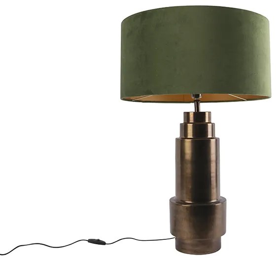 Art Deco stolná lampa bronzová s tienidlom z velúru zelená so zlatom 50 cm - Bruut