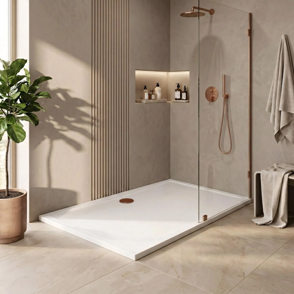 Rea Savoy, sprchová vanička 100x80x6 cm + sifón s medenou krytkou, biela lesklá, KPL-15332