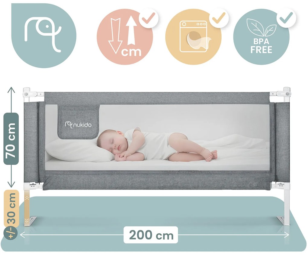 Bezpečnostná zábrana k posteli 200 cm Nukido NK-227 - sivá