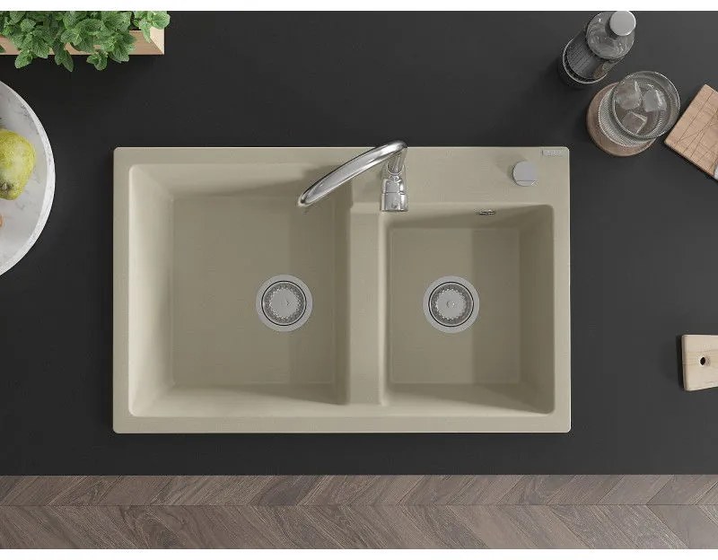 Mexen Tomas, granitový drez 800x500x190 mm, 2-komorový a chrómová batéria Telma, béžová, 6516-69-670200-00