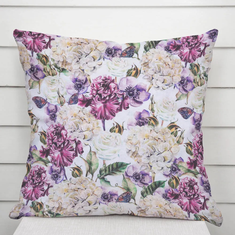 Biante Dekoračná obliečka na vankúš PML-108 Fialové kvety s motýlikmi na bielom 60 x 60 cm