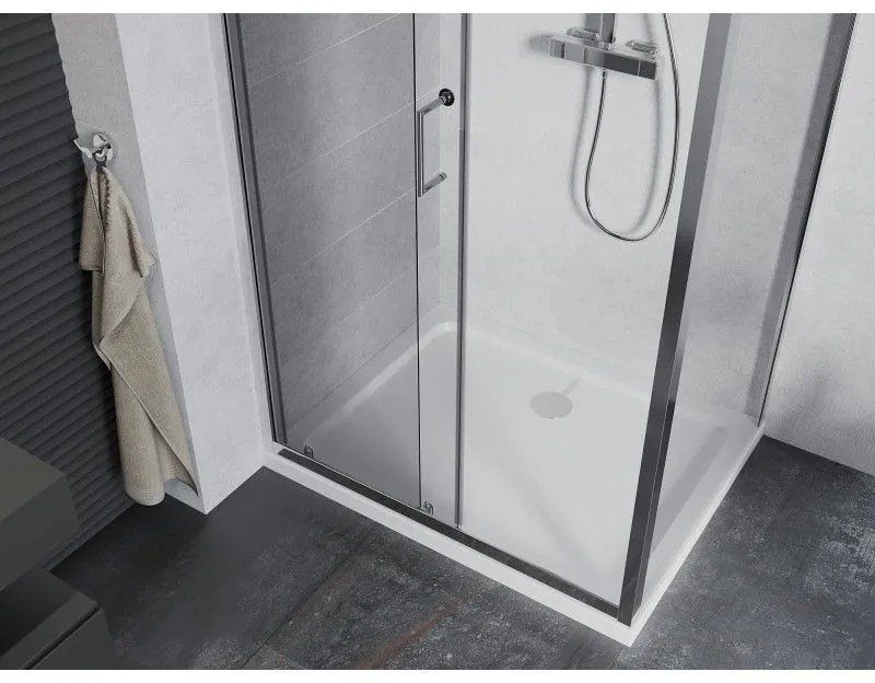 Mexen Apia, sprchový kút s posuvnými dverami 130 (dvere) x 90 (stena) cm, 6mm číre sklo, chrómový profil + slim sprchová vanička 5cm, 840-130-090-01-00-4010