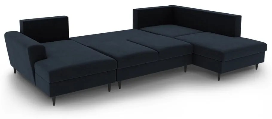 Tmavomodrá zamatová rozkladacia/s úložným priestorom rohová pohovka (pravý roh/do "U") Kyoto – Cosmopolitan Design