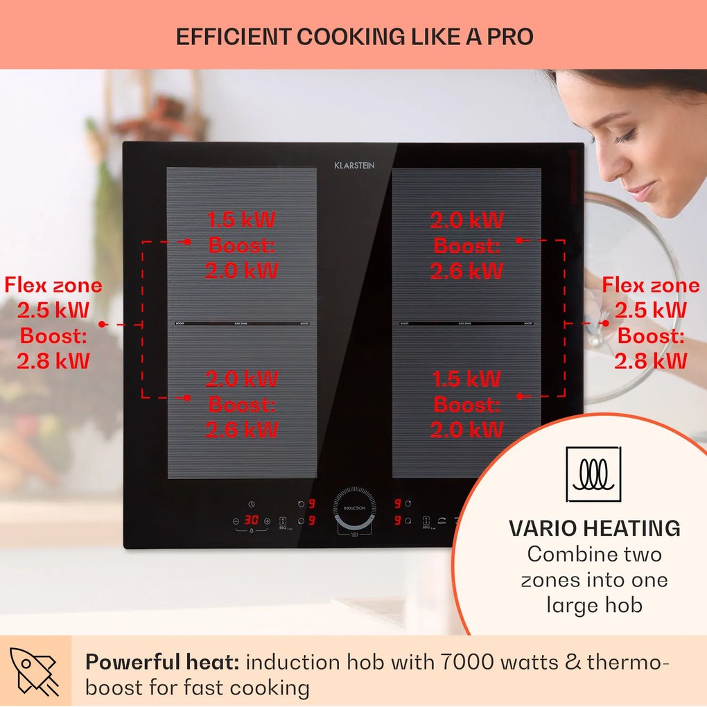 Klarstein Delicatessa 60, vstavaná indukčná varná doska, 7000 W, 4 zóny, sklokeramika, časovač