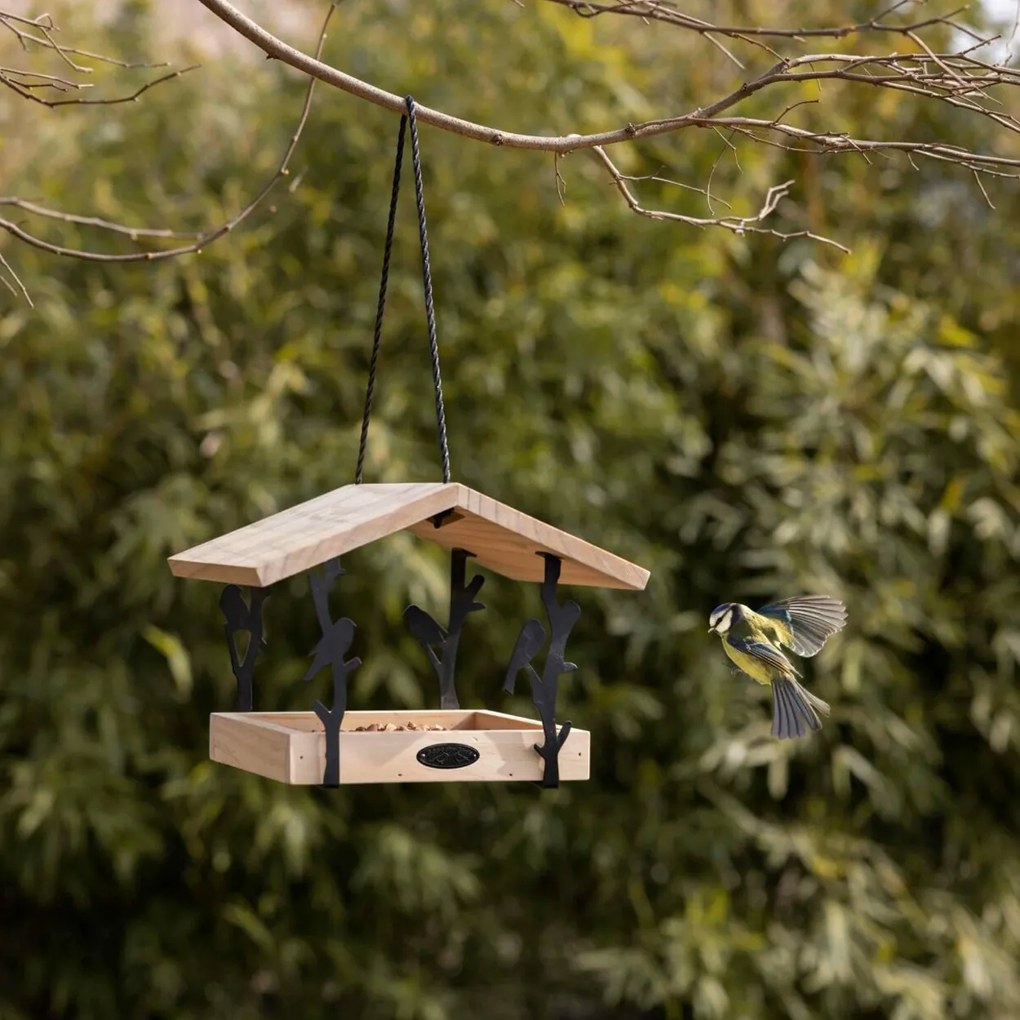 Závesné kŕmidlo pre vtáky Rhi, 18x24,5x24,5 cm, drevo/kov, hnedá