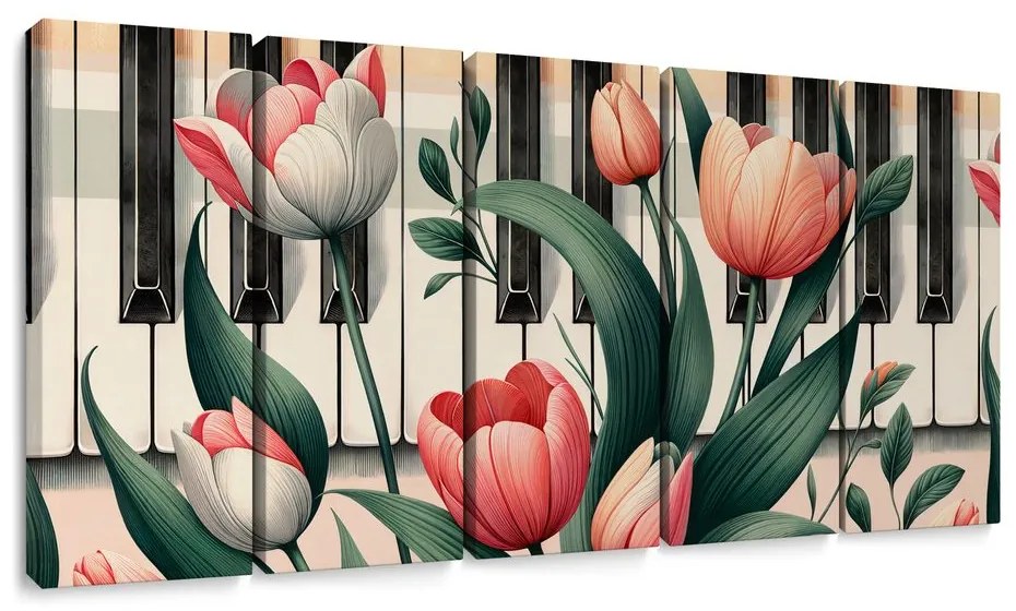 5-dielny obraz klavír a tulipány v kvetinovej symfónii