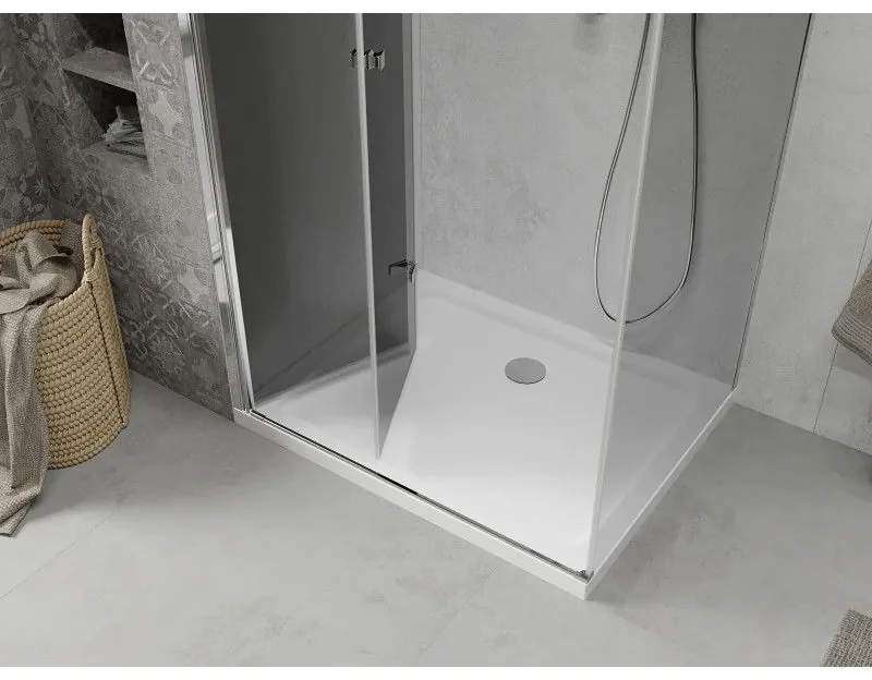 Mexen Lima, sprchový kút so skladacími dverami 90 (dvere) x 70 (stena) cm, 6mm šedé sklo, chrómový profil + slim sprchová vanička biela + chrómový sifón, 856-090-070-01-40-4010
