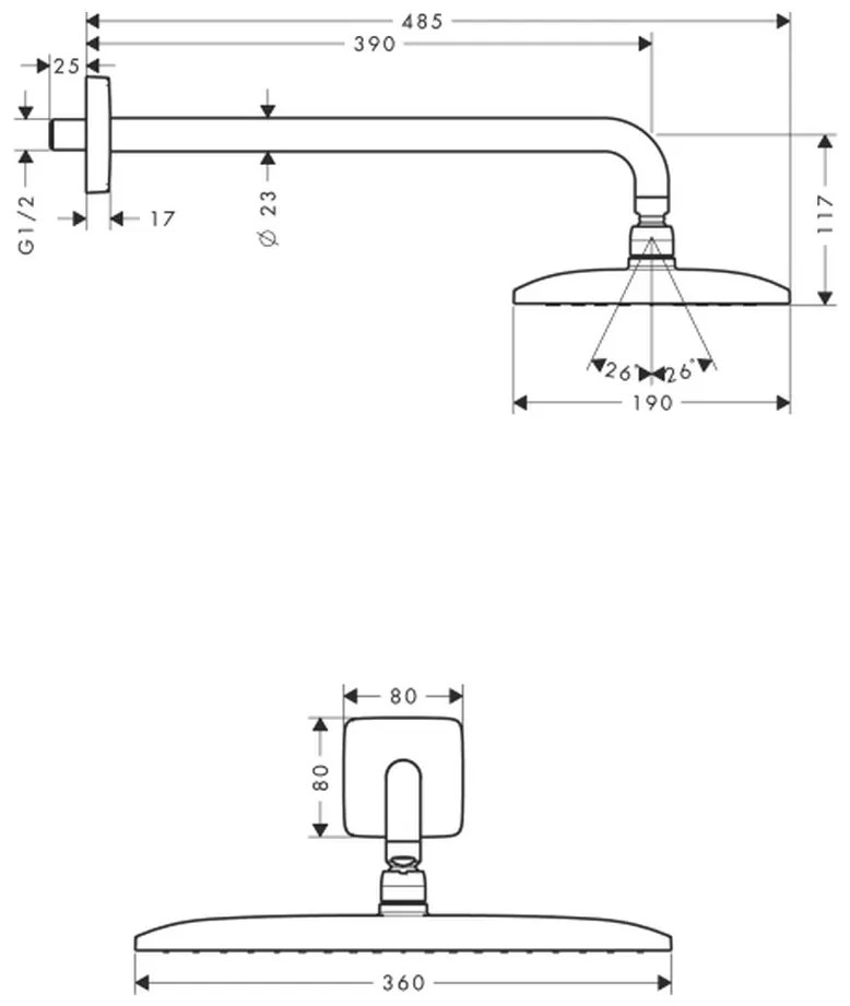 Hansgrohe Raindance E, hlavová sprcha 360 1jet so sprchovým ramenom 390 mm, chrómová, HAN-27376000