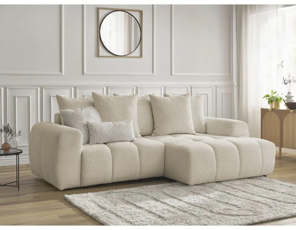 Béžová rozkladacia/s úložným priestorom rohová pohovka z textílie buklé (pravý roh/s leňoškou) Roxelane – Bobochic Paris