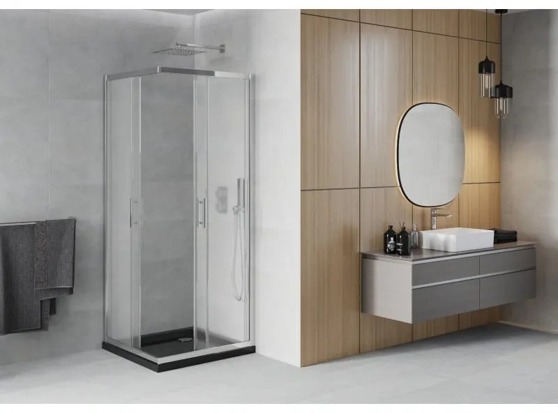 Mexen Rio, štvorcový sprchovací kút s posuvnými dverami 80(dvere) x 80(dvere) x 190 cm, 6mm sklo námraza, chrómový profil + čierna sprchová vanička SLIM, 860-080-080-01-30-4070