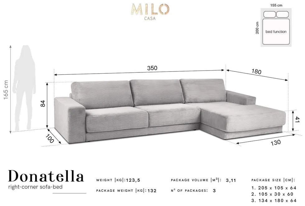 Modrá menčestrová XXL rozkladacia rohová pohovka Milo Casa Donatella, pravý roh