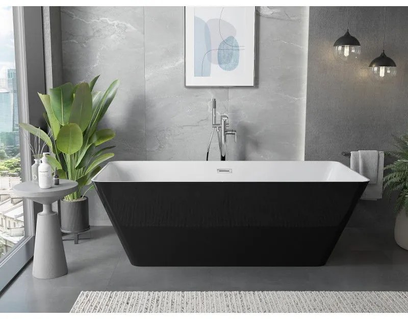 Mexen Velo Slim, voľne stojaca vaňa 170 × 75 cm, biela-čierna, chrómový prepad, 52811707575-01