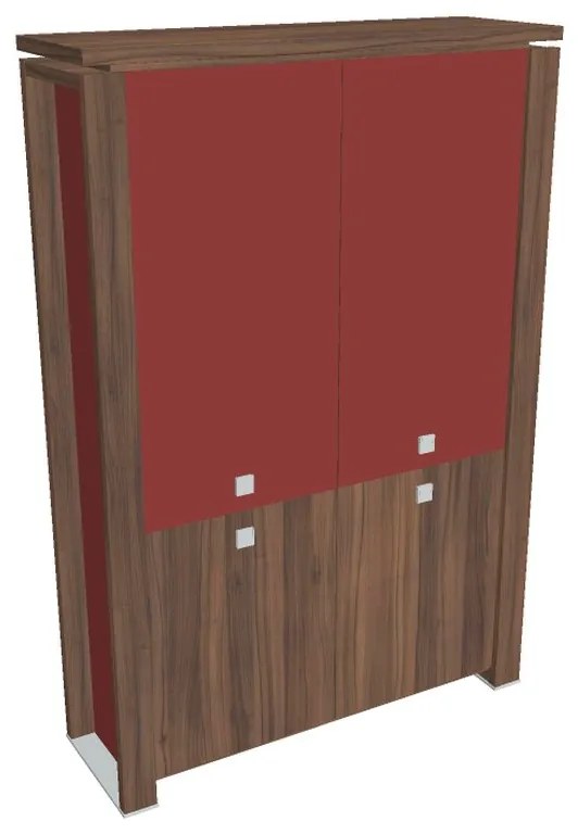 Vysoká skriňa Verno+ S 140 x 46 x 210 cm, kombinované dvere, orech / červená