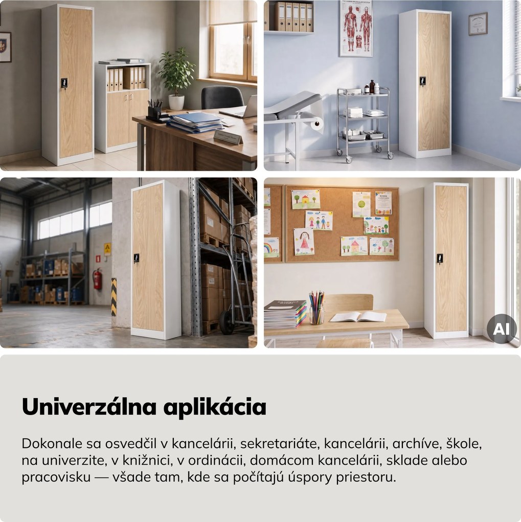 Kovová kancelárska skriňa na dokumenty, biela/dub Sonoma, 450x1850x400 mm: ALEX Eco Design