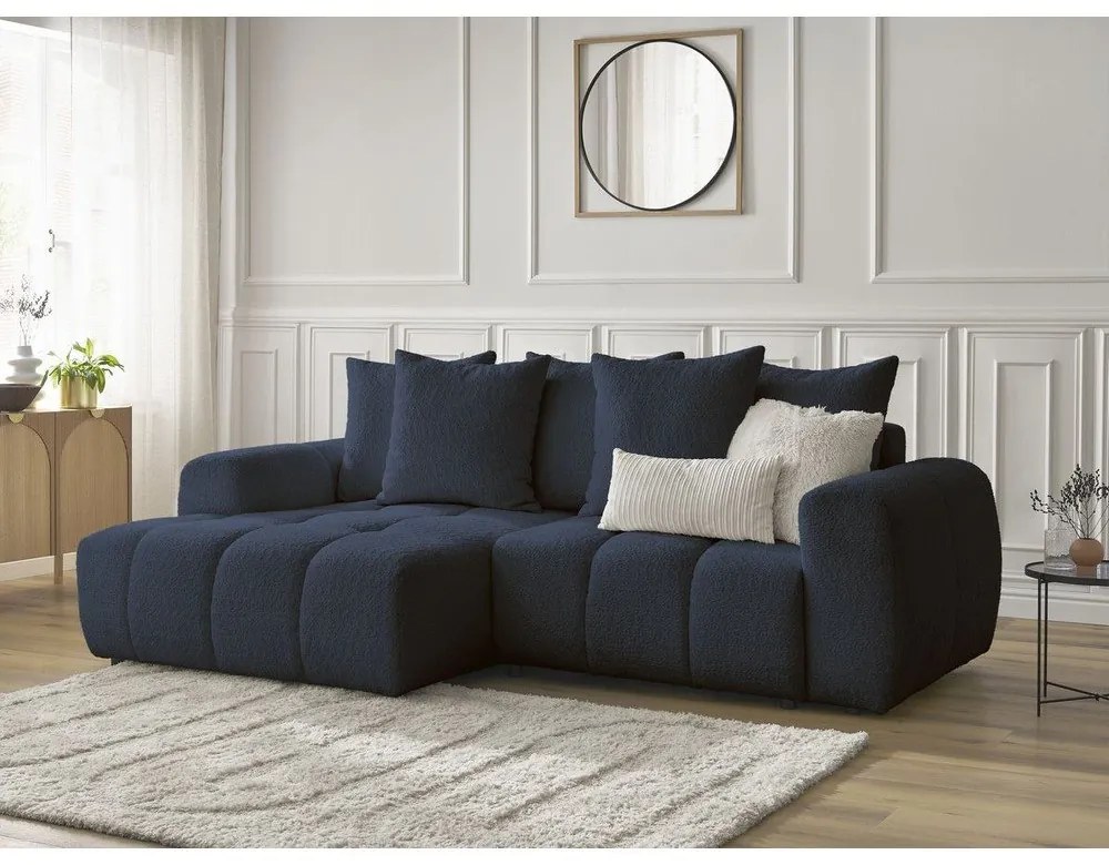 Modrá rozkladacia/s úložným priestorom rohová pohovka z textílie buklé (ľavý roh/s leňoškou) Roxelane – Bobochic Paris