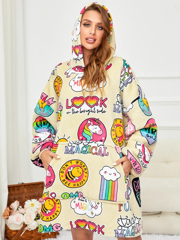 Baránková mikinová deka s rukávmi a kapucňou MAGICAL krémová