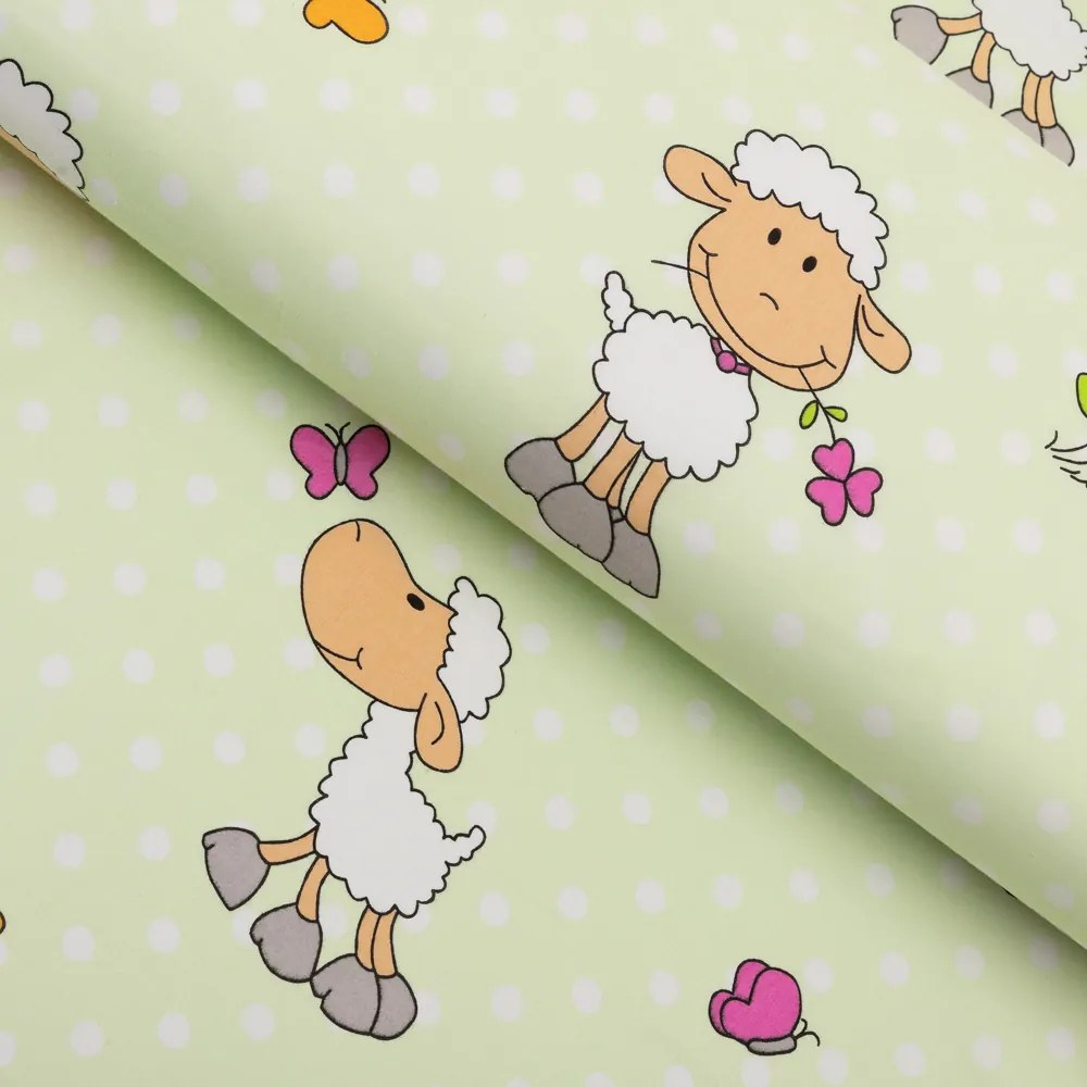 Biante Detská bavlnená obliečka na vankúš s lemom Sandra SA-729 Veselé ovečky na svetlo zelenom bodkovanom 40 x 40 cm