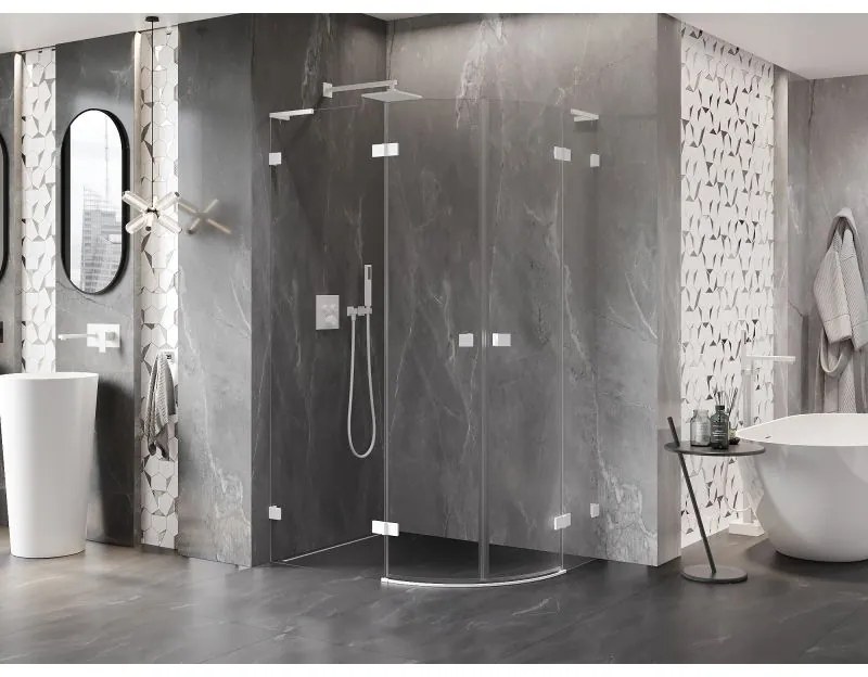 Mexen Lunar, L polkruhový sprchový kút naklápací doľava 100 x 90 cm, 8mm číre sklo, biely profil, 833L-100L-090P-20-00