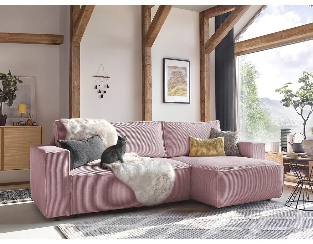 Svetloružová menčestrová rozkladacia rohová variabilná pohovka Nihad – Bobochic Paris