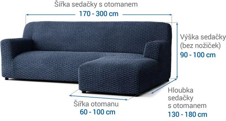 Bielastické poťahy MOSAICO modré sedačka s otomanom vpravo (š. 170 - 300 cm)