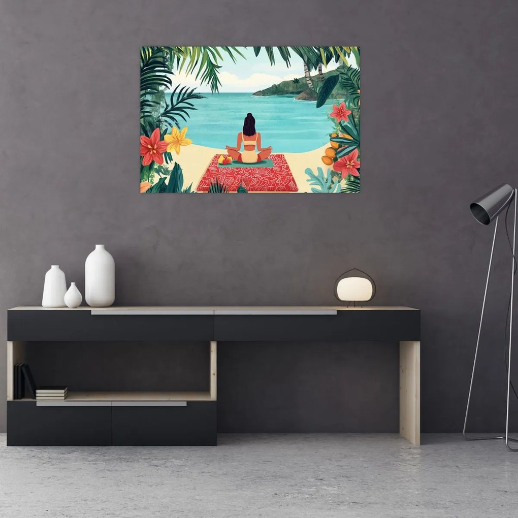 Obraz - Jogínka na pláži (90x60 cm)