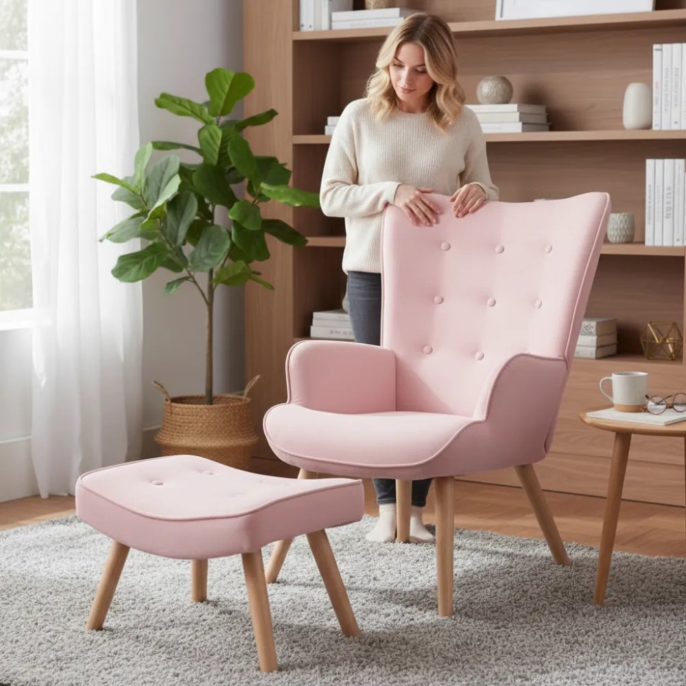 Kreslo ušiak CORDU + taburet — masív, látka, prírodná / ružová