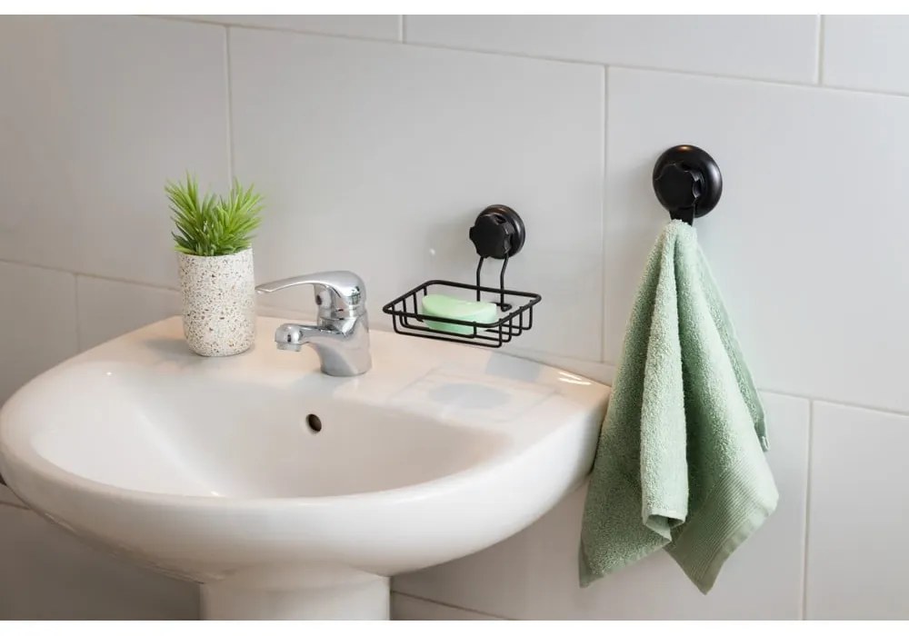 Čierny samodržiaci nástenný držiak na mydlo Compactor Bestlock Black Soap & Sponge Holder