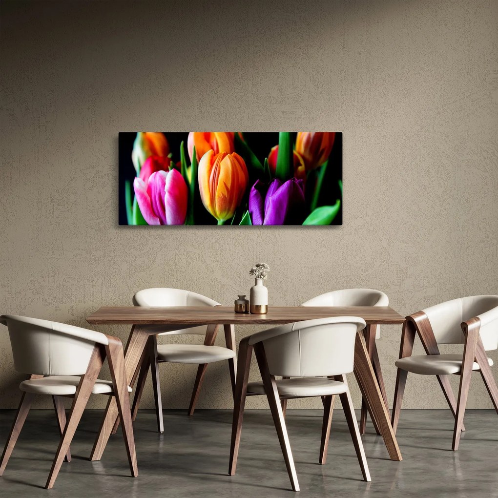 Obraz tulipánov na čiernom pozadí (120x50 cm)