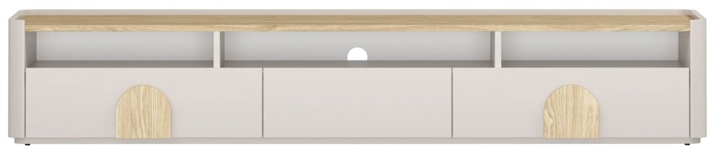 TV stolík Amilio 200 cm so zásuvkami - kašmír / olejovaný dub / úchytky svetlý dub