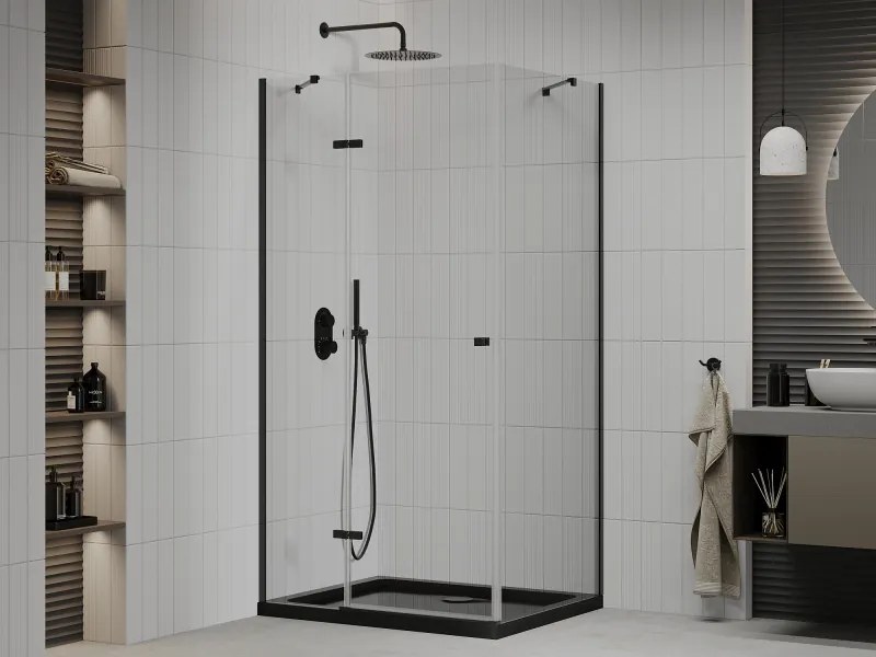 Mexen Roma, sprchovací kút s 1-krídlovými dverami 100 (dvere) x 80 (stena) cm, 6mm číre sklo, čierny profil, slim sprchová vanička 5cm čierna s čiernym sifónom, 854-100-080-70-00-4070B