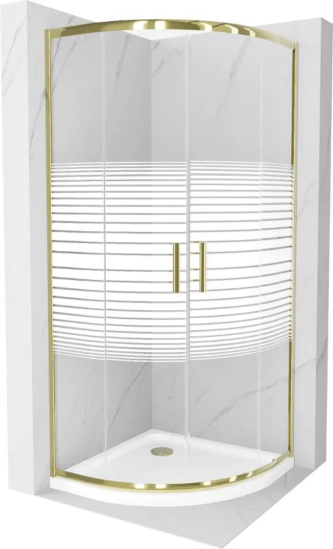 Mexen Rio, štvrťkruhový sprchovací kút s posuvnými dverami 90(dvere) x 90(dvere) x 190 cm, 6mm číre sklo s pásikmi, zlatý profil + biela sprchová vanička SLIM, 863-090-090-50-20-4110G