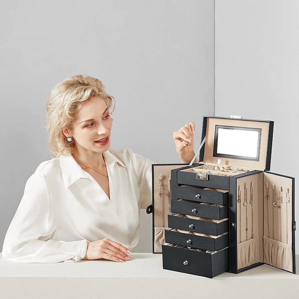 6-úrovňová šperkovnica so zrkadlom a sponou, 5 zásuvkami, čierna