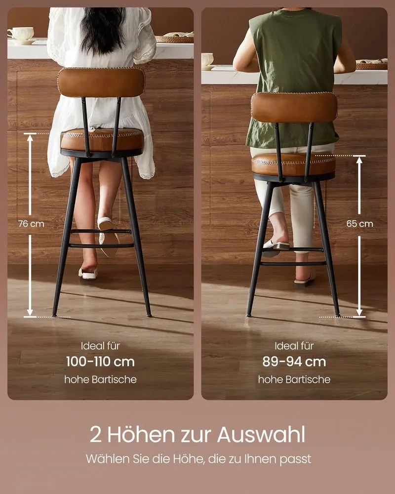 VASAGLE EKHO – Sada 2 barových stoličiek z umelej kože, otočné, LBC089 Farba: čierna