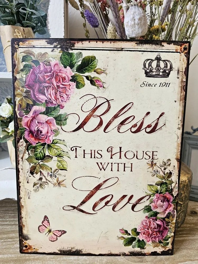 Nástenná kovová ceduľa Bless this house with Love - 25*33 cm