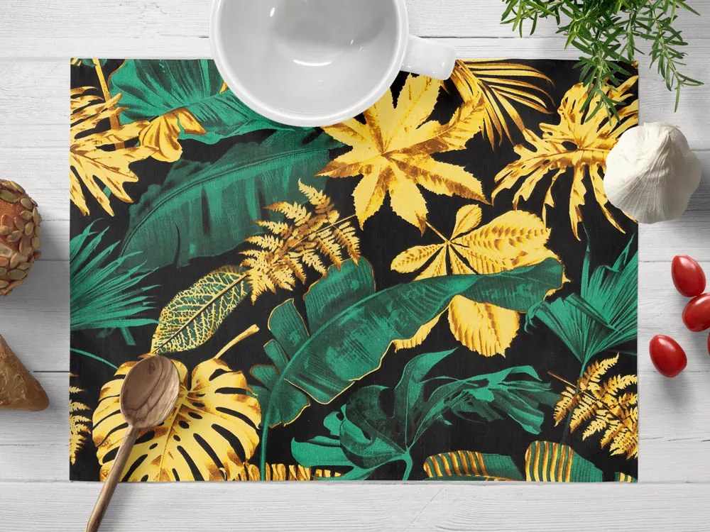 Biante Bavlnené prestieranie na stôl Sandra SA-603 Zeleno-zlaté tropické listy na čiernom 30x40 cm