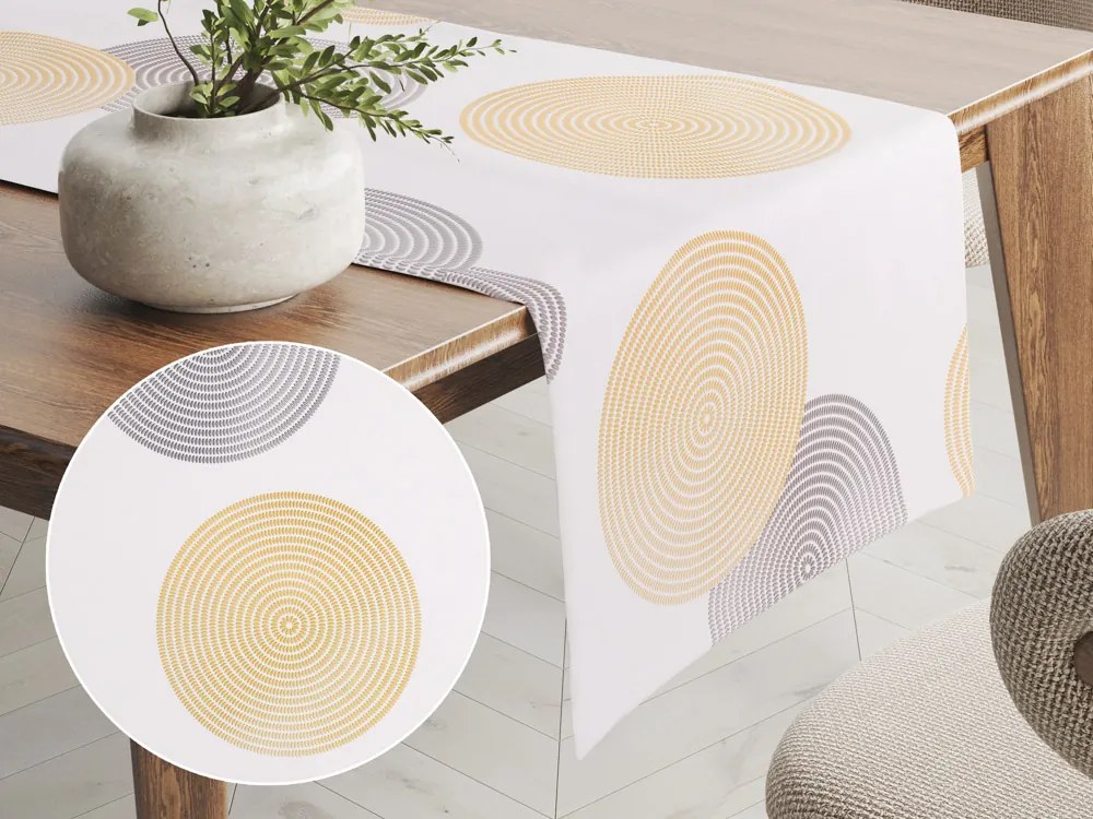 Biante Zamatový behúň na stôl Tamara TMR-023 Žlté a sivé designové kruhy na smotanovom 20x160 cm